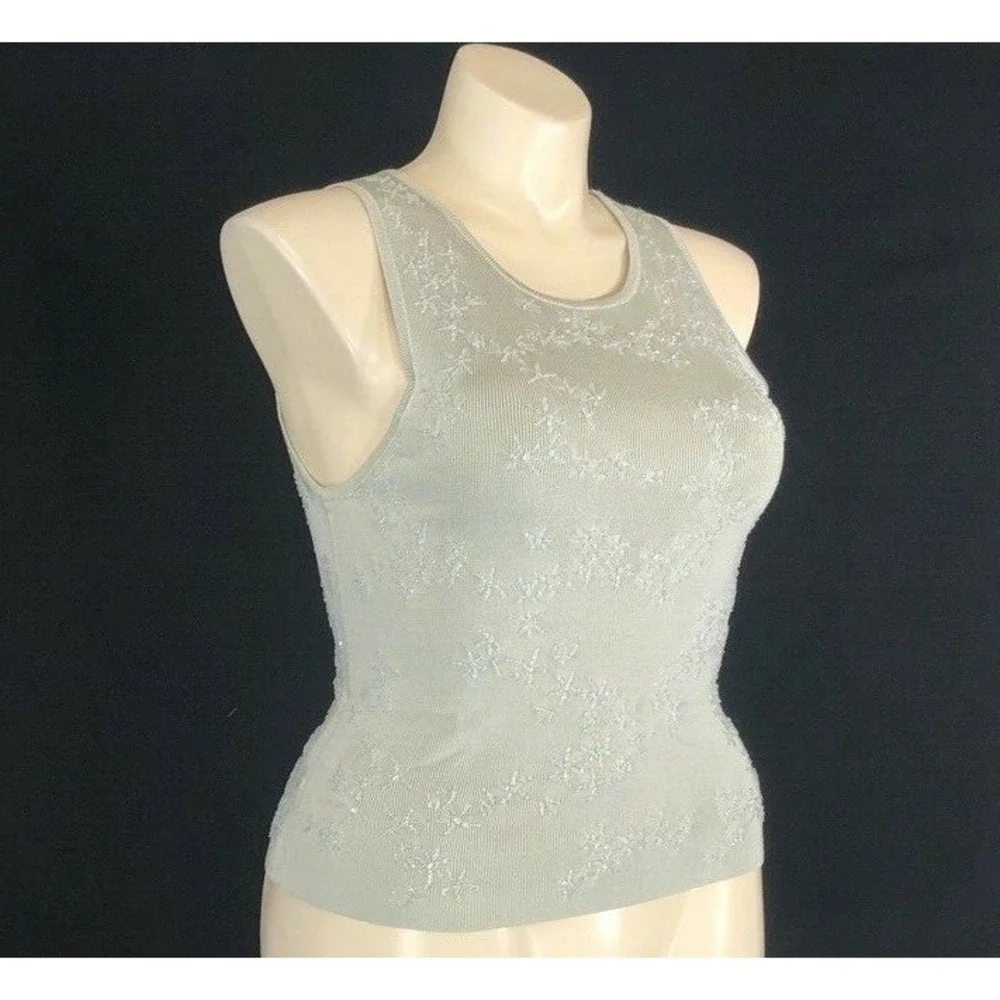 Carmen Marc Valvo LARGE Top Light Gray Clear Bead Heavy Knit Tank Shell Stretchy - Picture 5 of 8